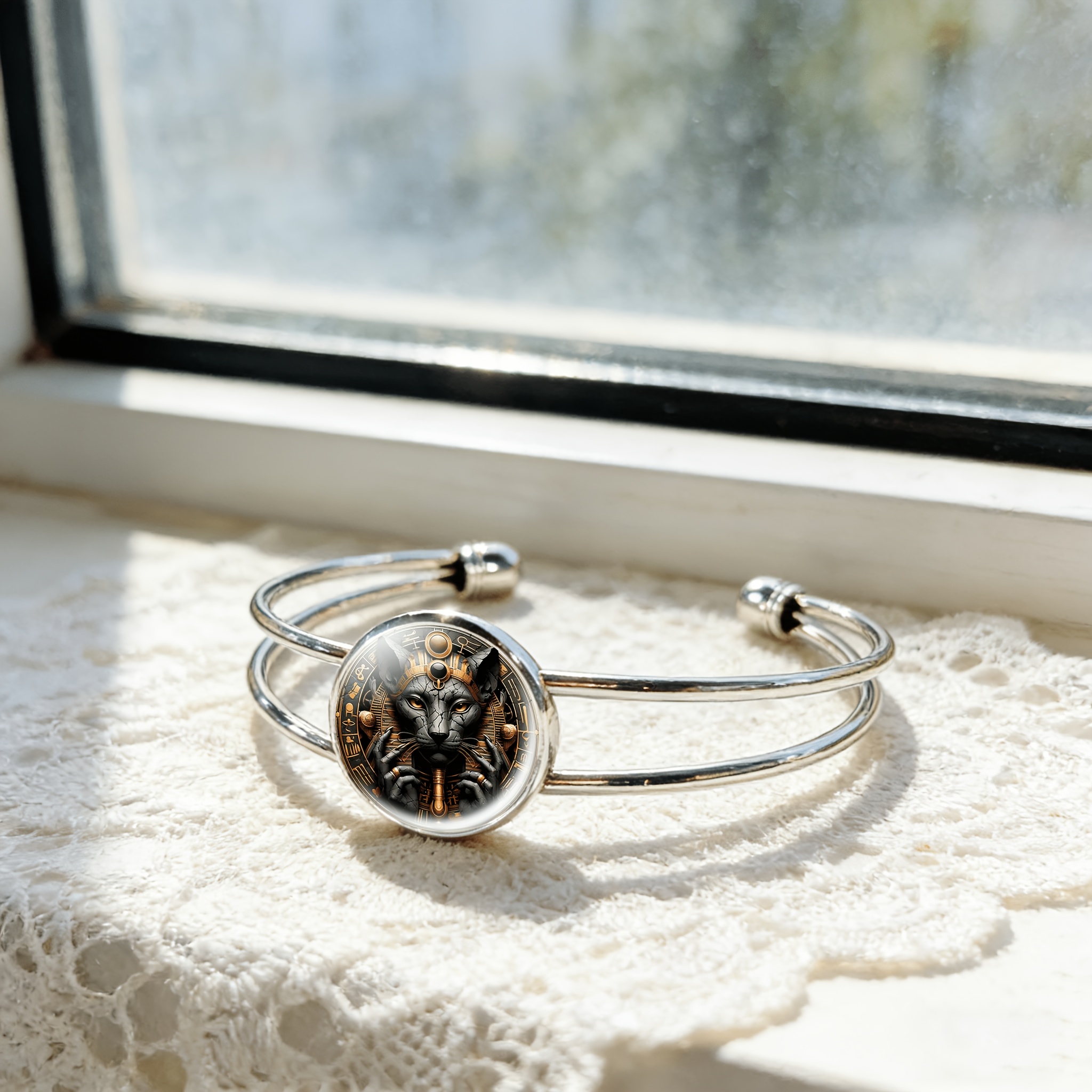 Women's Adjustable Open Bangle with Egyptian Anubis Statue Inlay